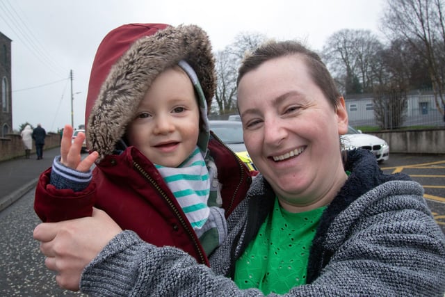 Loving the Derrymacash St Patrick's Day parade on Sunday are Gemma O'Flynn from Cork and son Setanta Breen. LM12-237.