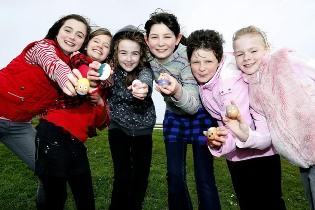 CRACKING FUN...St. Patrick's Primary School Portrush pupils Annie, Siofra, Leah, Kayleigh, Shannon and Karri having fun at the Egg Rolling event at the Causeway Bowl for Easter in 2009.