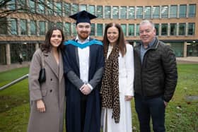 South West College (SWC) Omagh campus graduate John McCloskey from Maghera with his family celebrating his achievements on The Open University BSc (Hons) in Construction Engineering and Management.