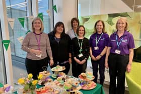 . L-R Macmillan Health and Wellbeing Co-ordinator Karen Kelly, Macmillan Cancer Support Worker Jemma Ewing, Macmillan Health and Wellbeing Support Worker Sally Irvine, Macmillan Partnership Quality Lead Claire Murphy, South Eastern Trust Volunteer Services Margaret McCormack and Shirley Johnston. Pic credit: SEHSCT