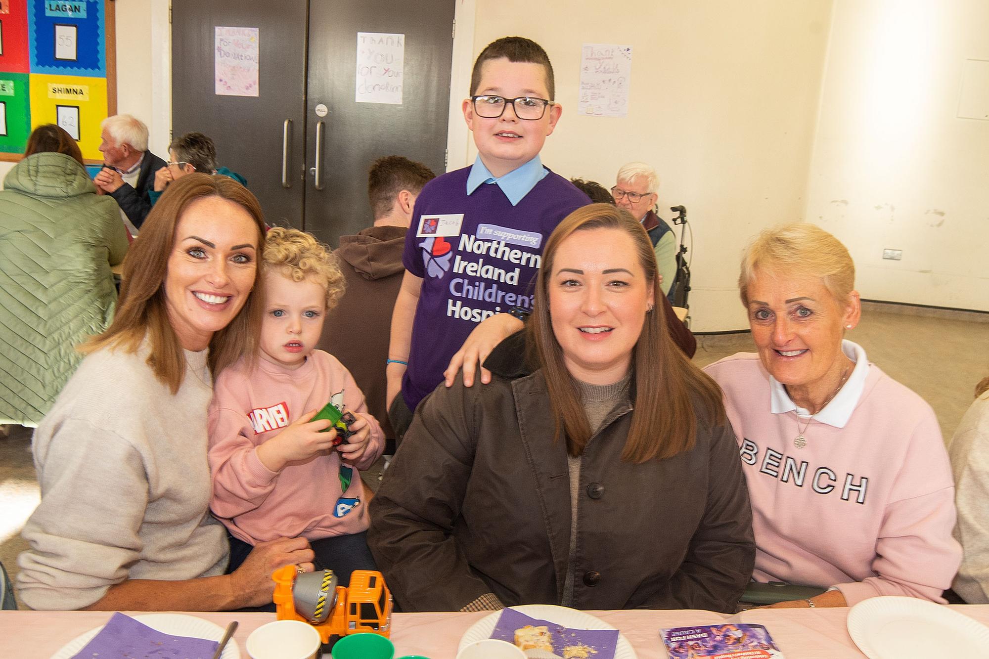 Posing happily at the coffee morning are from left, Ruth Allen and son, Will (3), Jacob Hunniford, Naomi Hunniford and Joy Irwin.