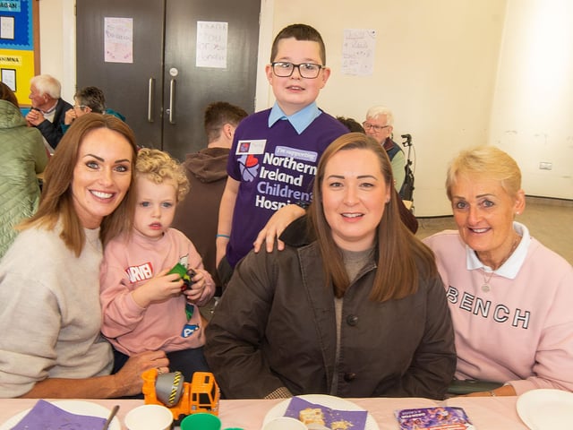 Posing happily at the coffee morning are from left, Ruth Allen and son, Will (3), Jacob Hunniford, Naomi Hunniford and Joy Irwin.