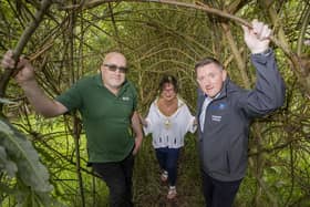 Chris Wood, Woodland Engagement Officer, Parks and Open Spaces Development Team, MEABC, and Johnny Topley, Regional Sustainability Manager, Moy Park pictured with Mayor of Mid and East Antrim, Alderman Gerardine Mulvenna.  Photo: McAuley Multimedia