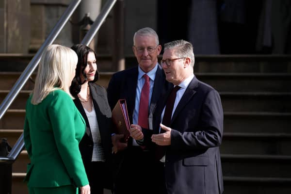 Northern Ireland Secretary Hilary Benn and Prime Minister Sir Keir Starmer at Stormont Caste recently. Legacy, Casement Park and Northern Ireland's finances have dominated the government's approach to Northern Ireland - but the TUV say there must be a greater focus on defence spending here. Photo: Niall Carson/PA Wire