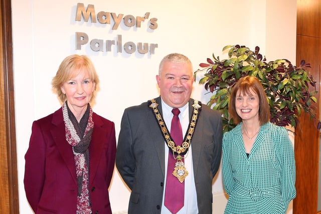 The Mayor of Causeway Coast and Glens Borough Council pictured with Heather Pratt MBE from Limavady and Beverly Sproule.