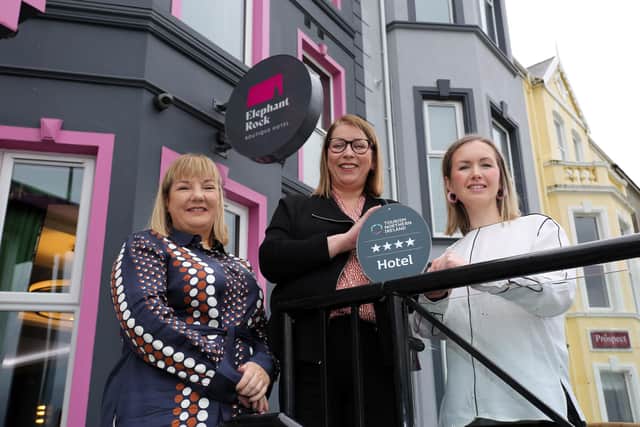 (L-R) Joanne Boyle, Manager of the Elephant Rock Hotel in Portrush pictured with Alison Leslie, Quality Assurance Manager at Tourism NI and Charlotte Dixon, owner of the
Elephant Rock Hotel. Credit Lorcan Doherty