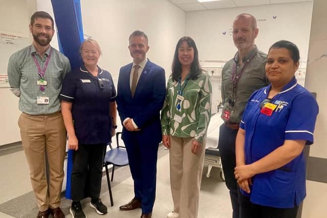 South Eastern Trust Director, Medicine and Unscheduled Care, Marc Neil, Emergency Department (ED) Lead Nurse Jenny Nicholson, Health Minister Robbie Butler, South Eastern Trust Chief Executive Roisin Coulter, South Eastern Trust Clinical Director Dr Andrew Dobbin, Urgent Care Centre Sister Smitha Thomas. Pic credit: SEHSCT