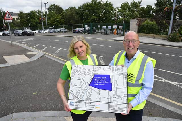Councillor John Laverty BEM, Chairman of the Regeneration and Growth Committee and Yvonne Burke, Regeneration and Infrastructure Manager, Lisburn and Castlereagh City Council announce the news that a key regeneration site located beside the leafy retreat of Castle Gardens has been identified for development as residential housing. Pic credit: Lisburn and Castlereagh City Council