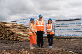 Ann McGregor (Chief Executive, NI Chamber), Brian Murphy (Balcas) and Gillian McAuley (President, NI Chamber) during a recent visit to Balcas, Co Fermanagh.  Picture: Ronan McGrade