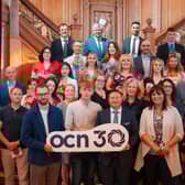 Guest speaker Matthew Bell, Eugene Prunty, South Eastern Regional College (Winner Hilary Sloan Award), Martin Flynn (Chief Executive) OCN and event compere Denis Watson picture with category winners and highly commended at the 2025 OCN Learning Endeavour Awards held at Titanic Belfast.