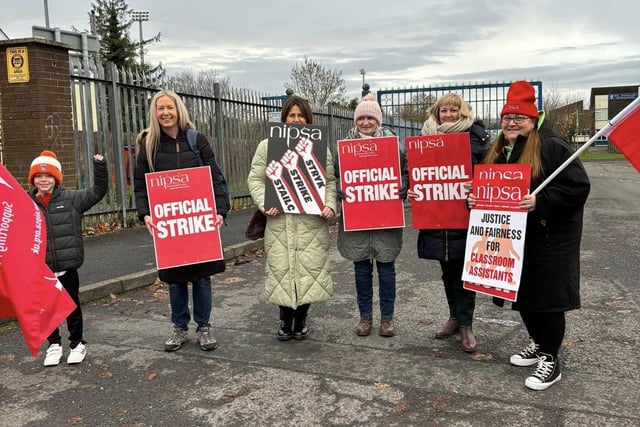 On the picket line in Lurgan, Co Armagh. Hundreds of school support staff from unions such as Unison, GMB and NIPSA – joined the strike on the second day in what will be one of the biggest strikes among non-teaching unions in years. The ongoing industrial dispute is over the failure to deliver a pay and grading review to education workers as part of a negotiated resolution of the 2022 pay dispute.