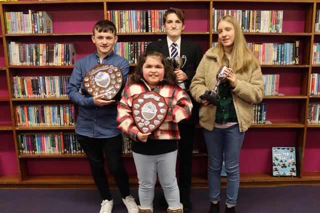 Tandragee Junior High School Learning Support Centre Winners are Back l/r Reece McMinn, Anthony Garner and Lois Thompson and front Rachel Ardis.