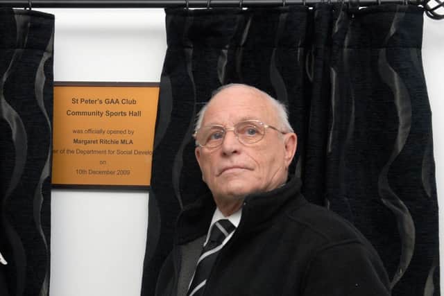 St Peter's GAA Club President Benedict Lavery at the unveiling of a plaque to open the St Peter's Community Hall. LM5109-116gc