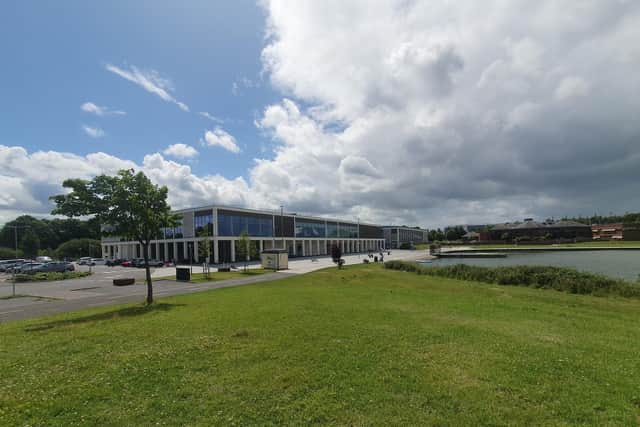 South Lakes Leisure Centre and Craigavon Civic Centre close to Craigavon Lakes, Co Armagh.