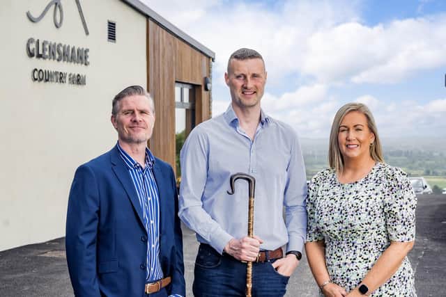 Ciaran Doherty, Head of Regions and Investment at Tourism NI,  Jamese and Katie McCloy from Glenshane Country Farm officially launch Country Barn at Glenshane Country Farm.