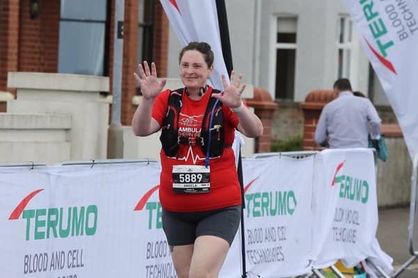 Angela, of Morton’s Chip Shop, raised £2,867.57 by completing the 13 mile race.