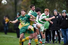 Midfield action from Ballyholland FC and Newry Celtic at Olympic Park on Saturday Picture: Brendan Monaghan BM14