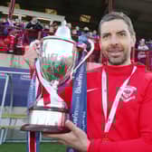 Larne manager Tiernan Lynch celebrates winning the Championship in 2019 - five years later he has guided his side to the UEFA Conference League group stages. PIC: INPHO/PressEye.com/Jonathan Porter