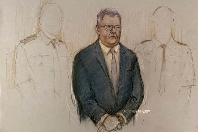 Court artist drawing by Elizabeth Cook of former DUP leader Jeffrey Donaldson appearing at Newry Crown Court, where he has been jailed for 15 years for 18 sex offences, including one count of rape, relating to the abuse of two women when they were children. Picture date: Thursday October 15, 2026. (Elizabeth Cook/the Press Association).