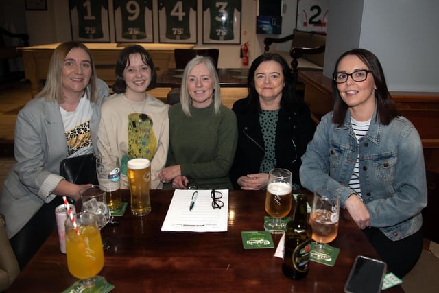 All smiles at the St John the Baptist's College fundraising quiz are from left, Ciara Judge, Niamh McCann, Mary Jackson, Bernie Campbell and Noleen Campbell. PT12-263.