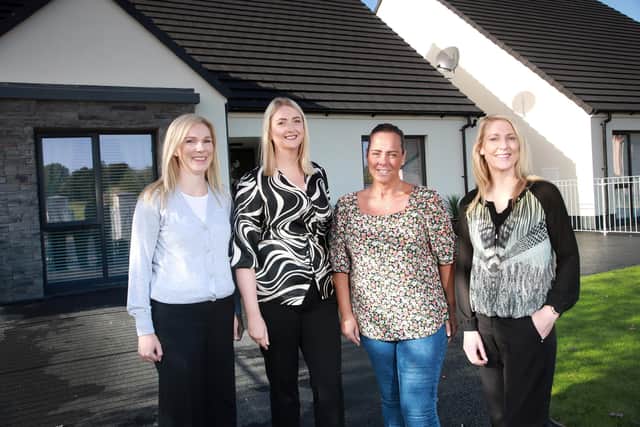 At one of the new homes in Drumellan in Craigavon, Co Armagh built by Choice Housing supported by the NI Housing Executive are L- R: Sinead Collins (The Housing Executive’s Head of Place Shaping, South region), Sandra Gregg (Choice Development Officer), Donna Green (Choice tenant) and Emma Thompson (Choice Housing Officer).