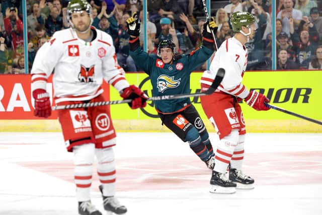 Belfast Giants’ Daniel Tedesco celebrates scoring against HC Bolzano during Saturday’s CHL game at The SSE Arena, Belfast. Photo by William Cherry/Presseye