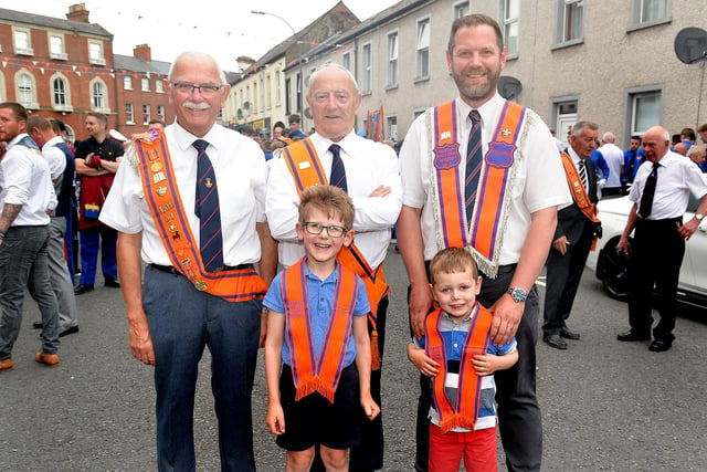 The Partridge family all ready for the mini Twelfth parade. Included are back row from left, Cyril, Colin and Keith. Front, Thomas (5) and Adam (4).All are members of Kilmoiarity LOL 31. PT24-240.