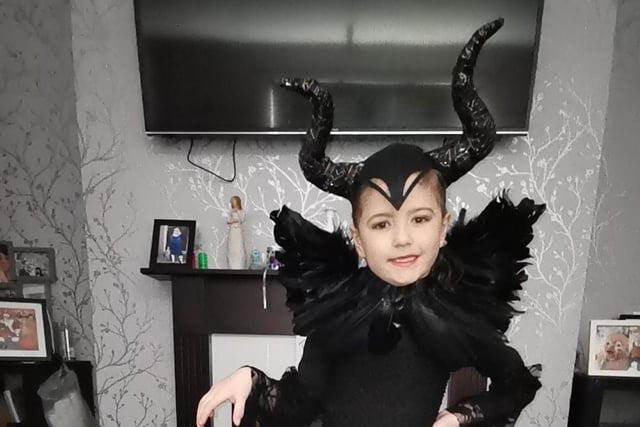 Harper (5) off to World Book Day at Killowen Primary School dressed as Maleficent