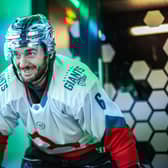 Belfast Giants’ Jeff Baum during the warm-up ahead of a Elite Ice Hockey League game against the Nottingham Panthers at the SSE Arena, Belfast. Photo by William Cherry/Presseye
