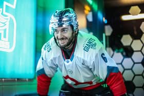 Belfast Giants’ Jeff Baum during the warm-up ahead of a Elite Ice Hockey League game against the Nottingham Panthers at the SSE Arena, Belfast. Photo by William Cherry/Presseye