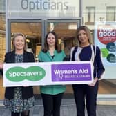 Lisburn Specsavers Store Directors Natalie Latham and Leanne Lindsay with Domestic Violence Support Worker from Belfast and Lisburn Women's Aid, Gillian Gordon (middle). Pic credit: Specsavers