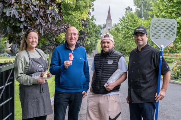Pictured at the launch of this year's Moira Speciality Food Fair are, (l-r) Rebecca Vance, RARE Grazing NI, Cllr John Laverty MBE, Chairman of the Regeneration & Growth Committee, Aaron Heasley, Moon Gelato and Massimo Fierro, Pizza Street. Pic credit: Lisburn and Castlereagh City Council