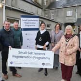 Deputy Mayor of Causeway Coast and Glens, Councillor Margaret-Anne McKillop with Kathleen Doherty, owner of Body and Mind Garvagh; Rhonda Williamson, Department for Communities; Garry Cardwell, Council’s Funding Support Officer; Ian McQuitty, Department for Communities, contractor Seamus McGilligan and Town and Village Manager, Julienne Elliot. Credit Causeway Coast and Glens Council