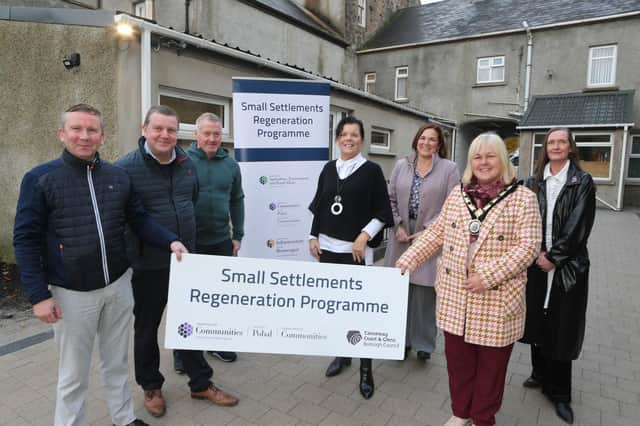 Deputy Mayor of Causeway Coast and Glens, Councillor Margaret-Anne McKillop with Kathleen Doherty, owner of Body and Mind Garvagh; Rhonda Williamson, Department for Communities; Garry Cardwell, Council’s Funding Support Officer; Ian McQuitty, Department for Communities, contractor Seamus McGilligan and Town and Village Manager, Julienne Elliot. Credit Causeway Coast and Glens Council