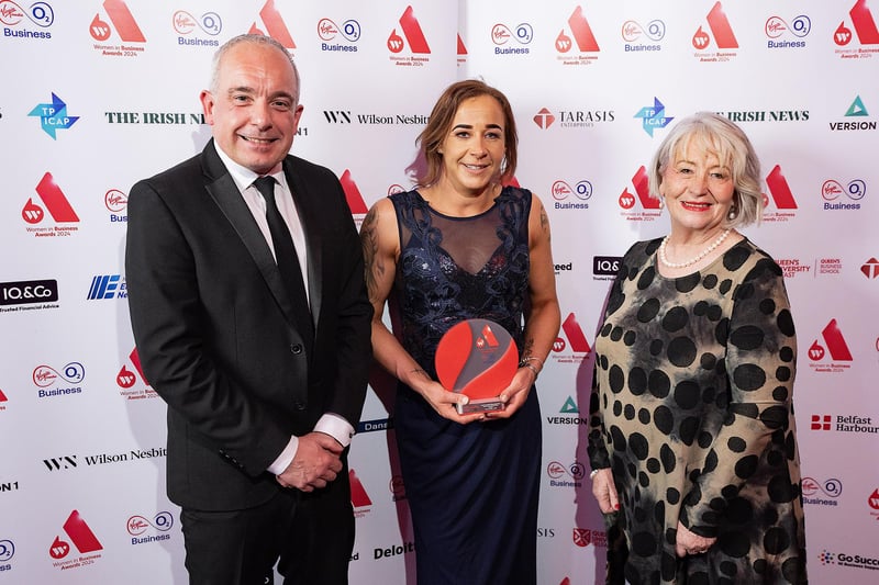New to the ceremony for 2024 was the Outstanding Apprentice category awarded to Larne businesswoman Tammy Dodds, who in her role at Arup proved herself to be an extremely competent and conscientious apprentice engineer. Included are Derek Hynes from category sponsor NIE Networks and Anne Clydesdale, vice chair Women in Business board.