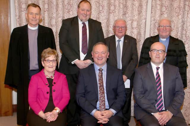 The Commission of Presbytery prior to the service. The back row (from left to right) is Rev Richard Murray (Moderator of Presbytery and Convener of the Vacancy), Rev Campbell Mulvenny, Mr Ivan Kerr, Very Rev Dr Ian McNie (Acting Clerk of Presbytery), Mrs. Heather Morrison (Clerk of Session: Armoy), Rev. Gary Glasgow, Mr Maurice Christie (Clerk of Session: First Kilraughts)