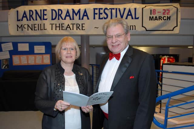 Festival chairperson Patricia Bresland with adjudicator Russell Boyce at the start of the 2013 Larne Drama Festival in the McNeill Theatre. INLT 12-378-PR