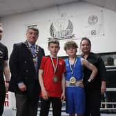 Ald Williams with Iain mahood, Ingird Quinn and club boxers Preston Creighton and Zac Reynolds.