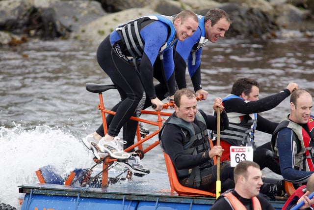 PEDAL HARDER! Cycle power was used to great effect on this raft during the RNLI Raft Race in Portrush in 2010