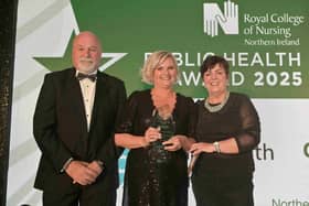 Pictured (L-R) are: Colin Coffee, Public Health Agency, Christina Faulkner, winner of the Public Health Award and Professor Rita Devlin, Executive Director, RCN Northern Ireland.
