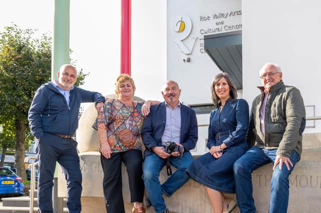 From left: Paul Campbell, Steinbeck Festival treasurer; Rita Deans, committee member; Harry Coates, secretary; Sharon Colhoun, Roe Valley Arts and Cultural Centre; Dougie Bartlett, Festival Director. Credit Causeway Coast and Glens Council