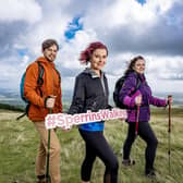 Helping to launch Sperrins Walking, featuring a range of moderate and challenging guided themed walks across the Sperrin Area of Outstanding Natural Beauty in September, October 2023 and March 2024 across a beautiful landscape promoting health, physical, mental and emotional wellbeing were, from left, Gary Donaldson, Sperrins Outdoor Activity Development Officer; Sperrins Walking guide Mairéad McCallion and weather presenter Cecilia Daly. Picture: Sperrins Partnership