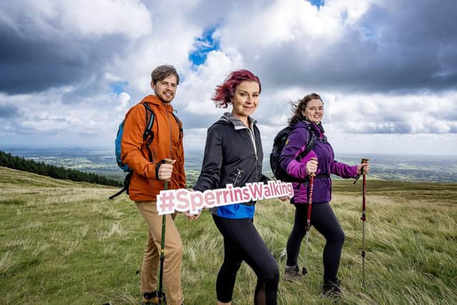 Helping to launch Sperrins Walking, featuring a range of moderate and challenging guided themed walks across the Sperrin Area of Outstanding Natural Beauty in September, October 2023 and March 2024 across a beautiful landscape promoting health, physical, mental and emotional wellbeing were, from left, Gary Donaldson, Sperrins Outdoor Activity Development Officer; Sperrins Walking guide Mairéad McCallion and weather presenter Cecilia Daly. Picture: Sperrins Partnership