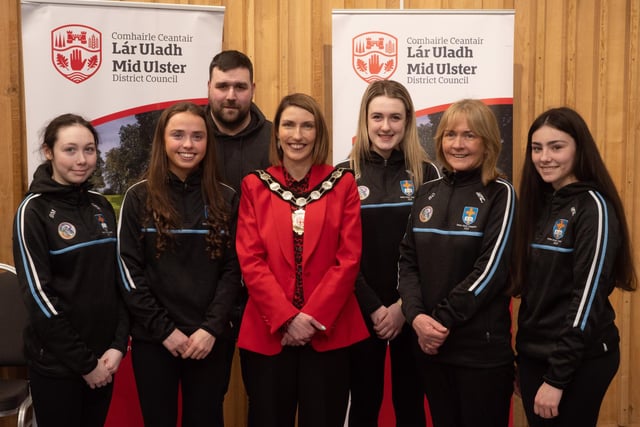 Pictured at the Civic Awards with Chair of the Council, Councillor Córa Corry, are representatives from the Camogie team at St Patrick’s Academy Dungannon who won the Fr Davies’ Cup for the school for the third time. Also pictured is nominating councillor, Councillor Dan Kerr.