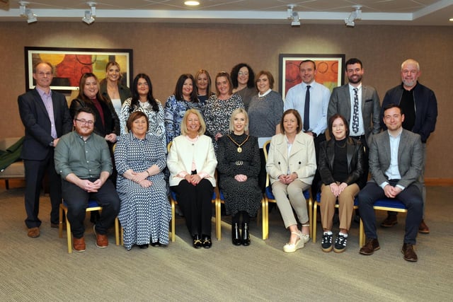 Deputy Lord Mayor, Councillor Sorcha McGeown hosts a reception to mark the 50th anniversary of the opening of St Brendan's Primary School with Mrs Lisa French, principal; Patricia McCooe, vice principal and the teachers and staff from the P4 to P7 classes.