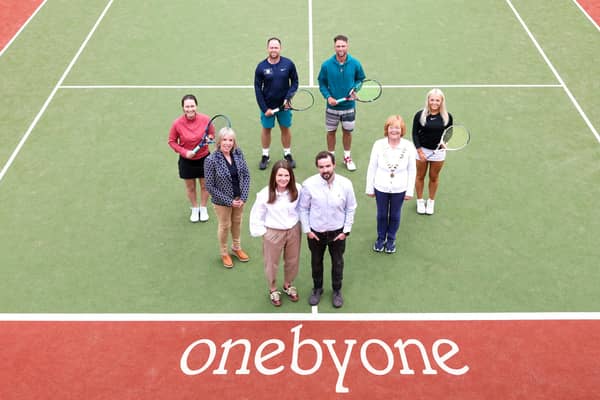 At the launch of the OneByOne Dental Northern Ireland Open are L-R Emily Stewart (club captain), Gillian Cartmill (club chairwoman), Peter Bothwell (former Ireland number 1 and Davis cup player), Jemma and Christopher Gardiner (onebyone Dental), Sam Bothwell (former Irish Davis cup player), Letty Lucas (President of tennis Ireland) and Isabella Connor. Pic credit: Press Eye/Darren Kidd