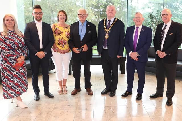 Pictured alongside the Mayor of Causeway Coast and Glens Borough Council, Councillor Steven Callaghan, at a recent reception held in Cloonavin are (l-r) Patricia Hanna, Mark Hanna BEM, Gillian Wilson, John Gault BEM, Dr Paul Little CBE and Mark Little MBE. Credit Causeway Coast and Glens Borough Council