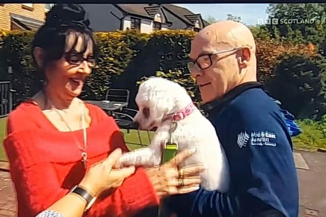 Issy’s story featuring on the BBC – Council’s Nigel Devine and Issy’s owner Isabella Roden.