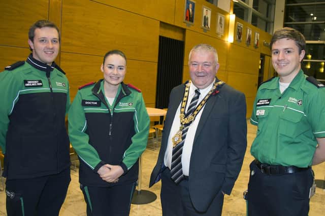 The Mayor of Causeway Coast and Glens Borough Council, Councillor Ivor Wallace pictured with Philip Paul, Amber Ashfield and Andrew Paul from St John Ambulance Coleraine Unit