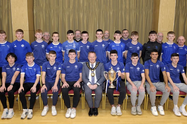 Lord Mayor, Councillor Paul Greenfield with winners of the Minor Championship with their coaches, included are CouncillorsEamon McNeill, Kevin Savage and Liam Mackle.